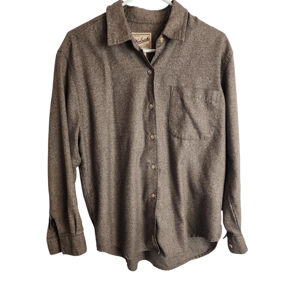 Woolrich WomensMedium Brown Heathered Cotton Blend Button Down Shirt Long Sleeve